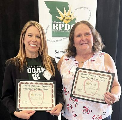 KINGSTON &amp; ARCADIA VALLEY RPDC TEACHERS OF THE YEAR – Kingston Science Teacher Allison Gill (left) and A.V.’s Michele Spitzmiller received recognition at Rolla as Missouri Regional Professional Development Center Teachers of the Year.	           (School Photo)
