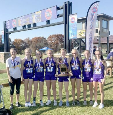 GIRLS SUCCESSFUL AT STATE MEET – The 2020 Lady Trojan Cross Country Team are all smiles with their medals and State Trophy for 3rd in the Class 3 competition. Celeste Sansegraw earned All State Honors for the second year in a row with a 21st place finish.  (Sub. Photo)