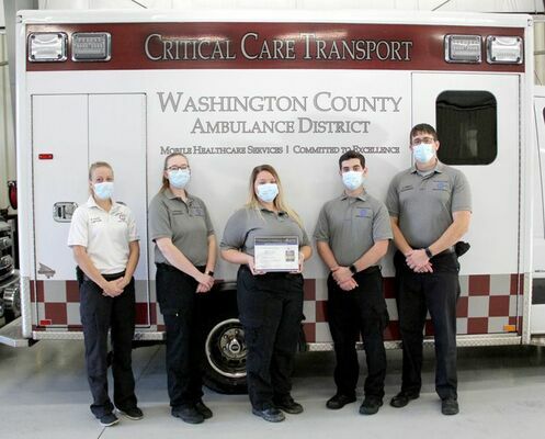 AMBULANCE DISTRICT RECOGNIZED – The American Heart Association has again recognized Washington County Ambulance District for continued outstanding service and success in using the Mission Lifeline® program. The District was recognized with the highest rating - Gold Plus - by the A.H.A. for 2020. Representing the Ambulance District for Washington County here, from left, are Rita Koch,  Samantha Morgan, Kasondra Day, Michael Schladweidler and Anthony Mingo. The recognition by the American Heart Association for Washington County was one of only four awards in the State of Missouri. The Ambulance District continues to work on education and providing the most current and up-to-date services available for County residents. The W.C. Ambulance District is proud to serve and assist the County’s health care needs.