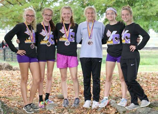 Potosi Varsity girls 2nd in MAAA Conference - From left,Kaydence Gibson 10th, Celeste Sansegraw 4th, Hallie Portell 5th, Gracie Schutz 8th, Carlee Moss 18th and Emily Hochstatter 19th, (not pictured Alyson Skiles).               (Submitted Photo)
