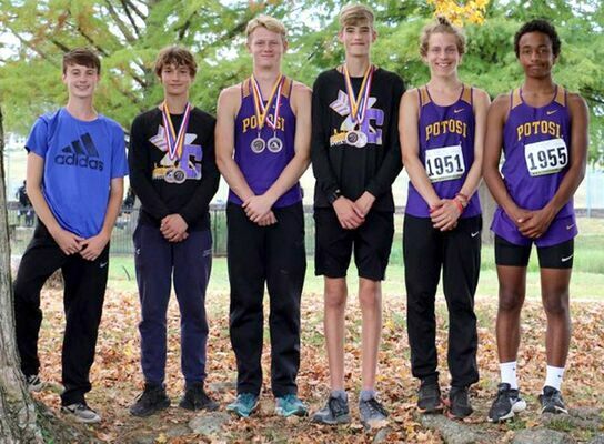 Potosi Varsity Boys 2nd place MAAA Conference- From Left Andy Cain 23rd, Garrett Hale 10th, Will Jarvis 11th, Zeke Sisk 7th, Hunter Griffin 31st and  Jaden Kanan 15th, (not pictured David DeClue 24th).        (Submitted Photo)