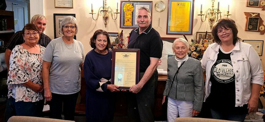 HIGHWAYS OF HISTORY PROJECT RESOLUTION DELIVERED – The Village of Caledonia was honored with a State of Missouri Resolution recognizing the Village’s contributions to the Highways of History Project. Pictured are (from left: Board Member Pat Sims, Board Member John W. Lucas, Board Secretary Debra Bay, Highways of History Coordinator Mrs. Nancy Cozean-Jacobs, Caledonia Mayor John Robinson, III, Mrs. Phyllis MacaLady, Board Member Nina Gilliam.				          (Submitted Photo)