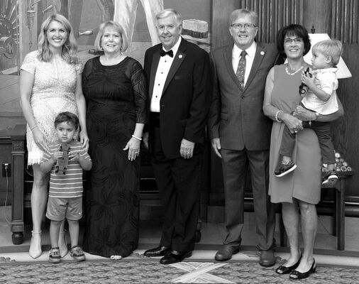 McGIRLS VISITED PARSONS – At the Governor’s Office during the Bicentennial Celebration and the Inaugural Ball (L-R): Julie Tiemann, John Tiemann, Teresa Parson, Gov. Michael L. Parson, Rep. Mike McGirl, Diane McGirl and Andrew Tiemann.                                                       			     (State Photo)