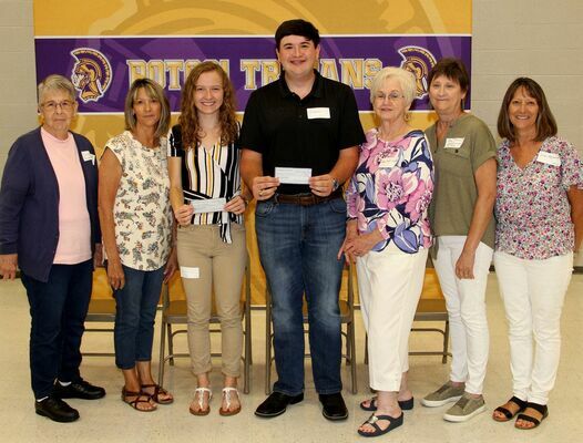 The Alumni group paused here to award to checks for scholarship to Ms. Hallie Portell and Mr. Jordan Browne (at center). Representing the Potosi Alumni, from left were, Judy Coffman, Brenda West, scholarship winners Hallie Portell and Jordan Browne, Helen Franklin, Pam Jones and Linda Haguewood.