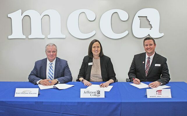 BEYOND BOUNDARIES from left are Dr. Jon Bauer, East Central College president; Dr. Dena McCaffrey, Jefferson College president; and Dr. Joe Gilgour, Mineral Area College president, who signed the Beyond Boundaries Partnership April 6 at the Missouri Community College Association office in Jefferson City. Through the partnership, signed during Community College Month, students will pay in-district tuition at the partnership districts for courses in degree programs not available at their home college.   			                   (Submitted Photo)