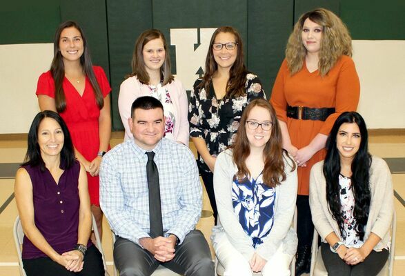 KINGSTON K-14 NEW FACULTY MEMBERS FOR 2021-2022-  Front from the left, Angie AuBuchon, K-5 Special Services; Jacob Mercer, H.S. Business; Lindsey Riley, J.H./H.S. Band, and Hannah Brown, Sixth Grade English/Language Arts; and Back, Megan Huerta, Fourth Grade; Michelle Fox, H.S. Mathematics; April Barton, Second Grade; and Shellby Brannam, H.S. Art.                                                                   (School Photo)  