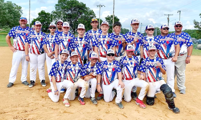 TO WORLD SERIES IN BRANSON – The 12U Mineral Area Americans are pictured above, seated from left to right: Brady Schweiss, Brady Kincaid, Ryder Kozemski, Hunter Moore, Blake Gillam, Maddox Sutton. Standing left to right is Assistant Coach Caleb Land, Ella Sims, Ashton Pogue, Head Coach Ben Moore, Karson Wells, A.J. Robbins, Gatlin Portell, Gabe Land, Alex Hogan, Triton Crocker, Chad Dickey, Assistant Coach Andy Kincaid, and Assistant Coach Jason Sims. The team took 2nd in the State Tournament and qualified to continue on to the World Series for 12U in Branson, Mo. 			          (Submitted Photo)